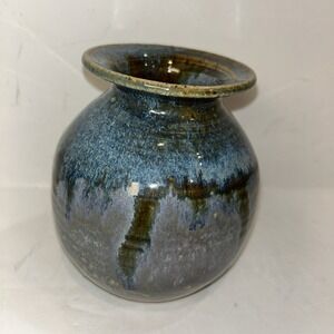Drip Midnight Blue Handcrafted Ceramic ART Pottery Vase 5" Tall 4" Wide Signed
